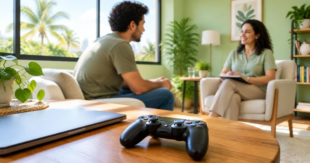 Imagem ilustrativa de conversa acolhedora, com controle de videogame sobre a mesa